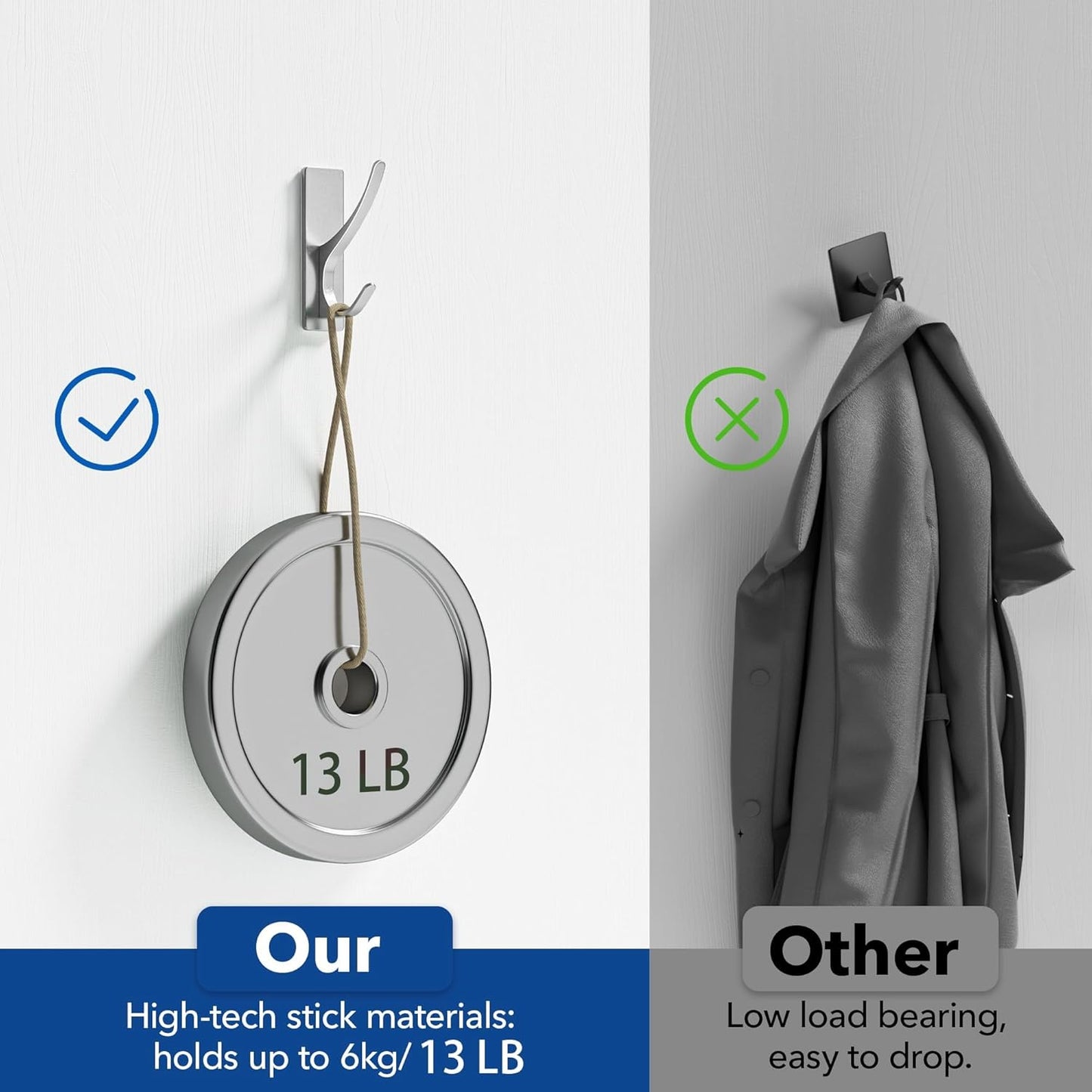 pickpiff Stick on Hooks for Hanging, Extra Sticky 6KG (Max), Coat Hook on Door for Towel Coat Hat Key, Self Adhesive Hangers Wall Mounted, Silver, 6 Pack