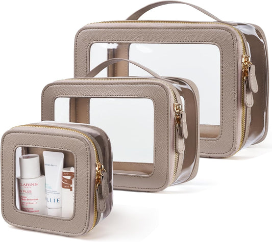 Clear Cosmetic Bag Set for Women Makeup Bag with Handle, 3 Pcs Travel Toiletry Bag Transparent Cosmetic Case Portable Make Up Organizer Bag for Essentials (Stone, Mini+S+L)