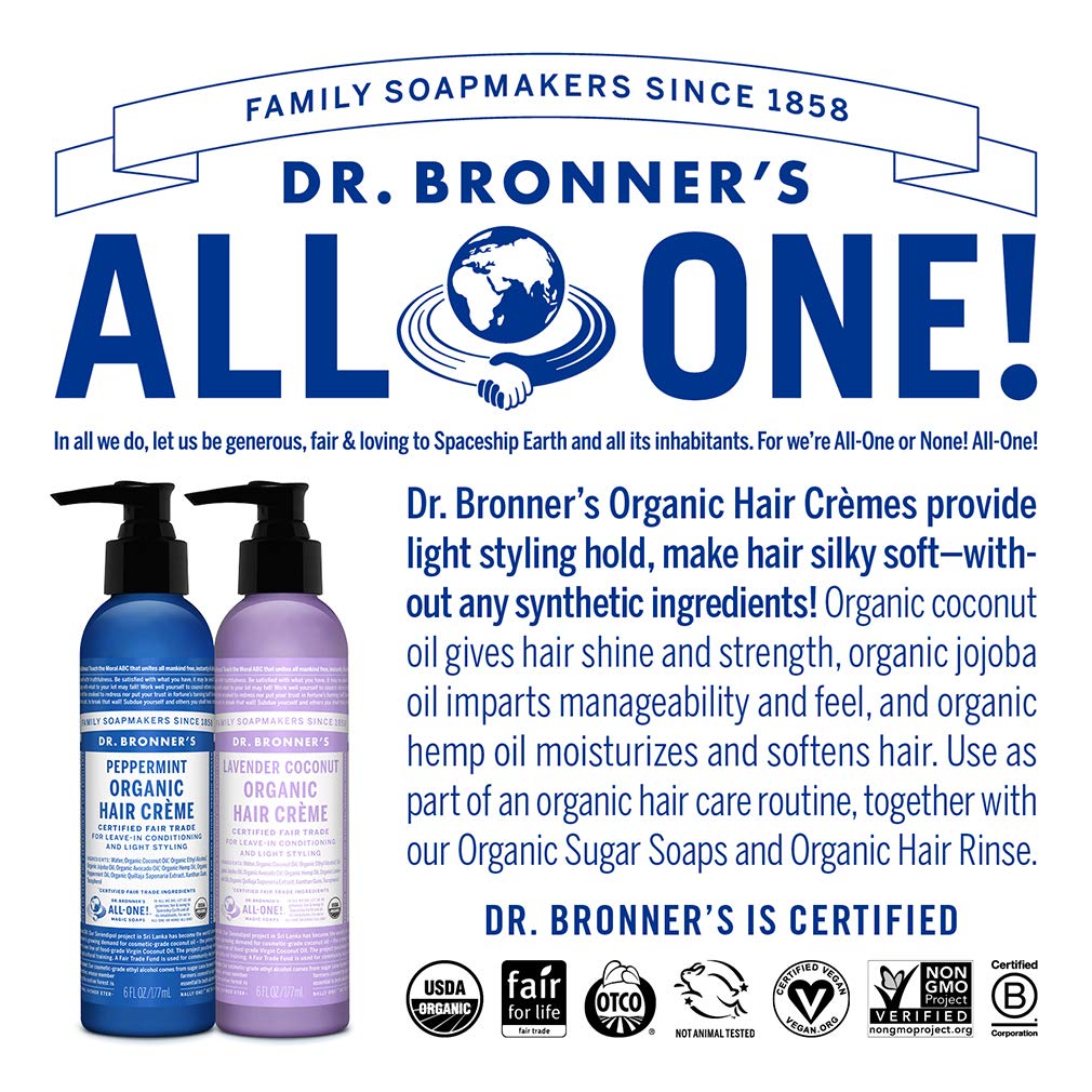 Dr. Bronner's - Organic Hair Crème (Lavender Coconut, 6 Ounce) - Leave-In Conditioner and Styling Cream, Made with Organic Oils, Hair Cream Supports Shine and Strength, Nourishes Scalp, Non-GMO