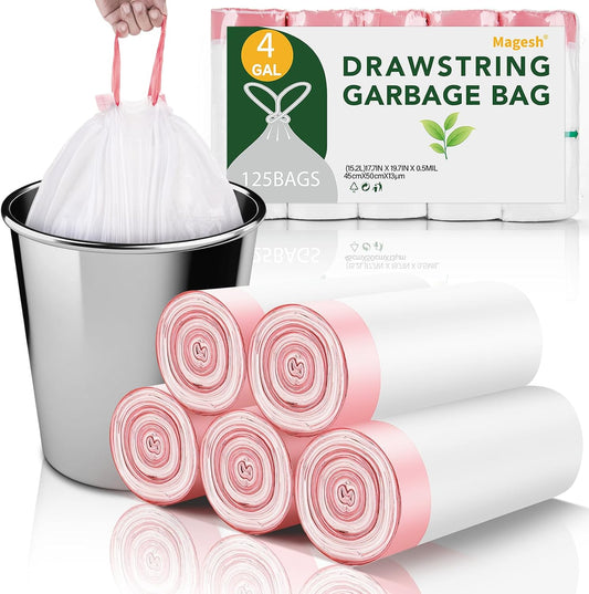 4 Gallon Small Trash Bags Drawstring - Clear White Garbage Bag 5 Rolls 125 Count No Scented Thick Durable Strong Mini Plastic Can Liners for Kitchen Offic or Outdoor Hiking
