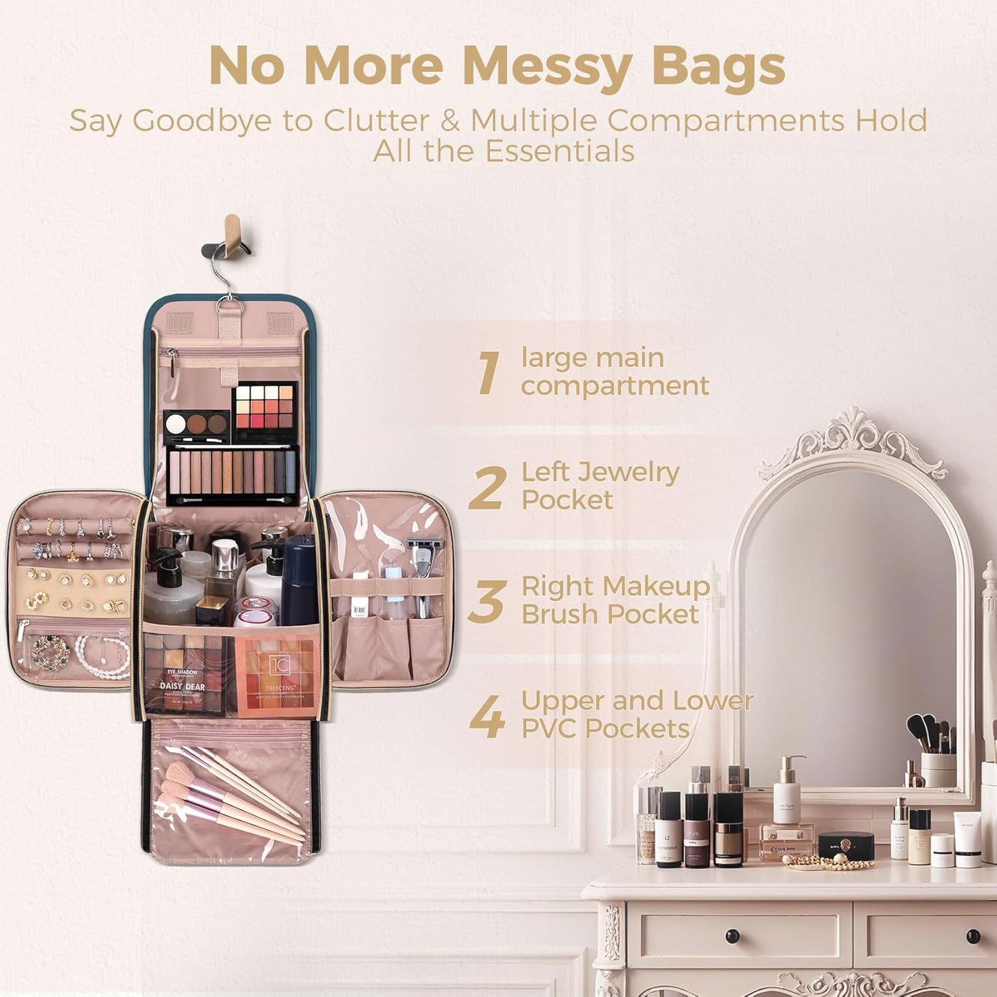 Hanging Toiletry Bag & Makeup Bag for Women with Jewelry Organizer - TSA Approved Large Capacity Travel Cosmetic Organizer, Waterproof Shower Essentials Case with Transparent Pockets