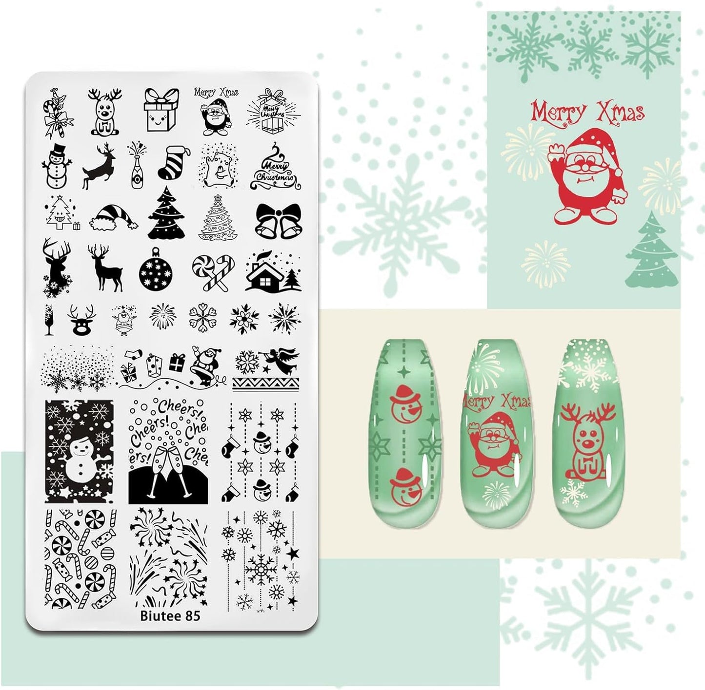 Biutee Nail Stamping Plates Set with 8 Colors Nail Stamping Polish Gel & Stamper - Winter Snowflake Santa Xmas Nail Art Set, Holiday Gift for Women & DIY Nails