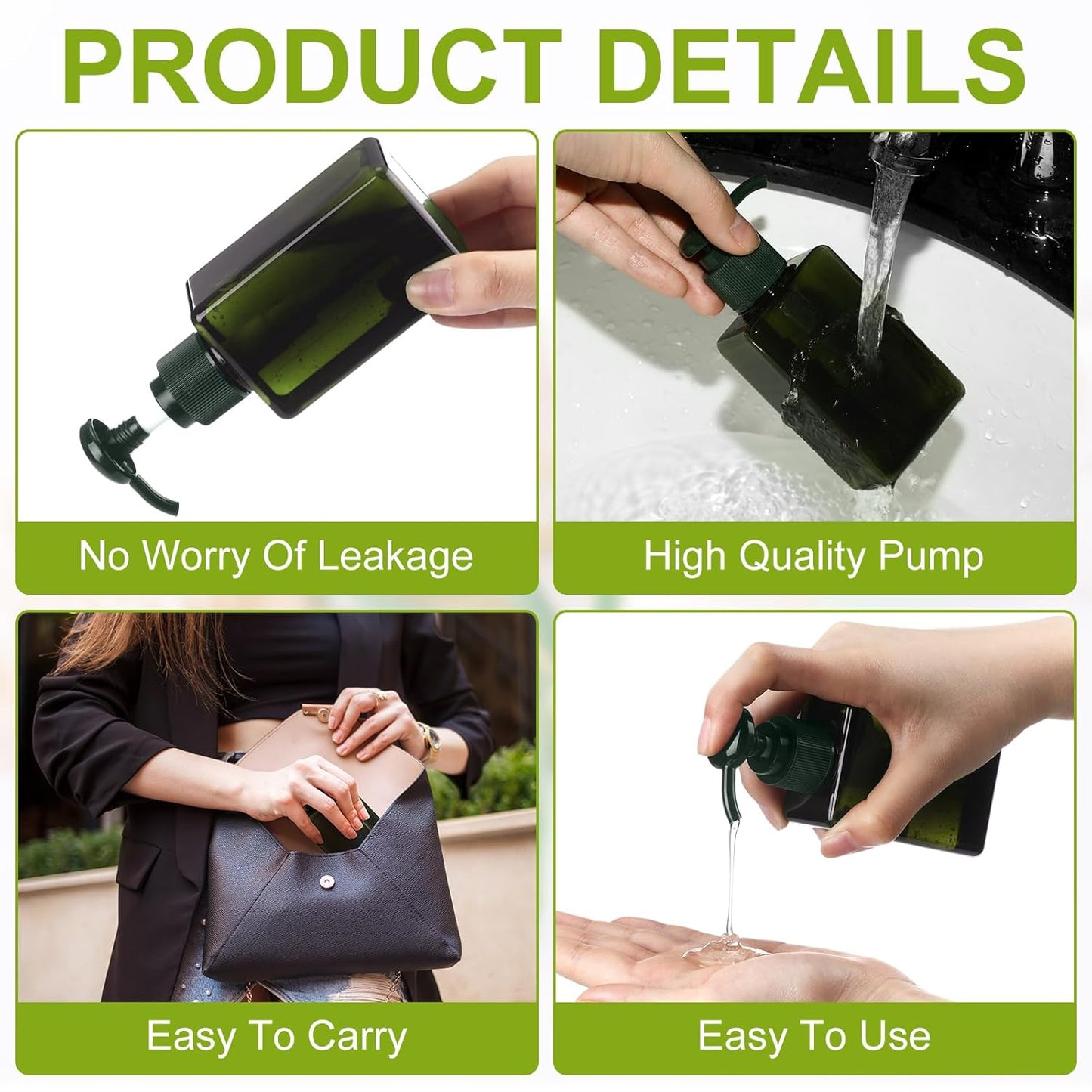 Domensi 24 Pcs 100ml /3.4 oz Pump Bottle Mini Travel Bottles Small Dispenser Containers Plastic Pump Lotion Dispenser Empty Square Travel Size Containers Toiletries (Dark Green)