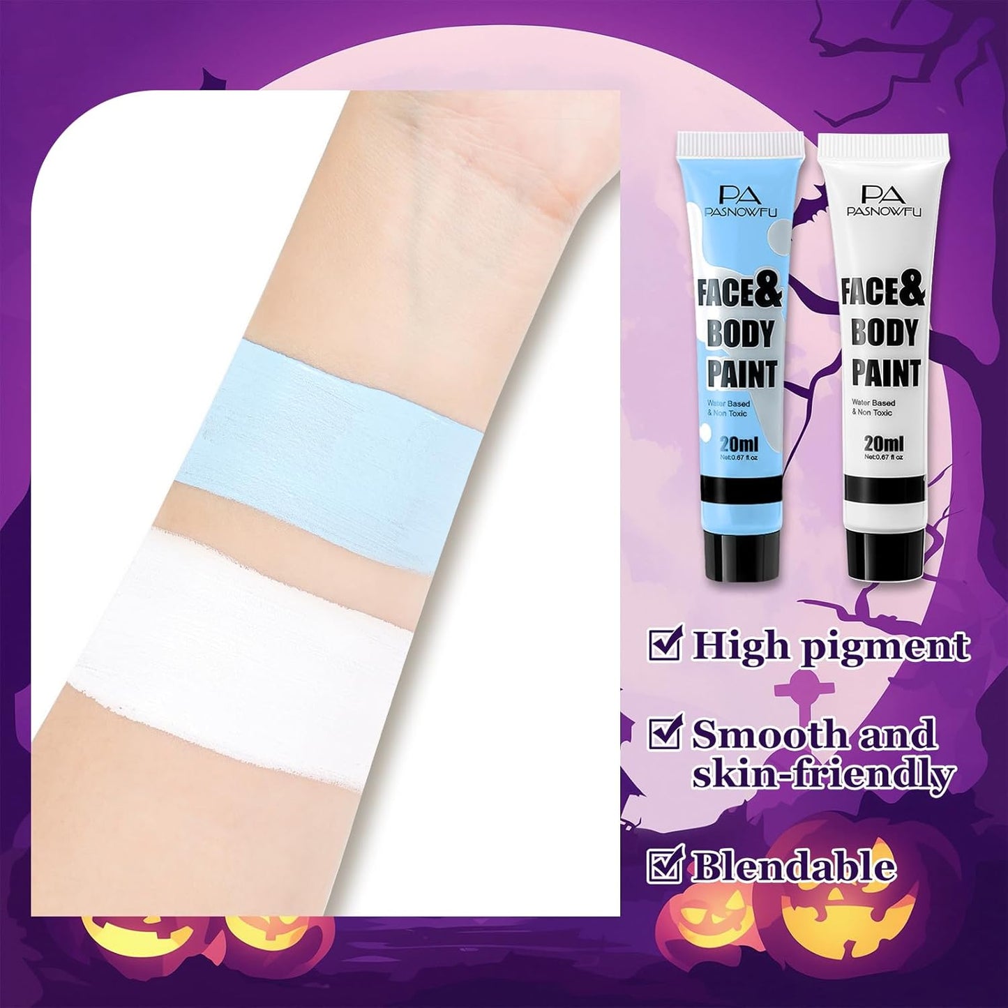 White and Light Blue Face Paint - Water-Based Non-Toxic Face Body Paint Kit for Sally Corpse Bride Looks, Highly Pigmented Body Paint for Halloween Cosplay, Costume Parties, Sports Events