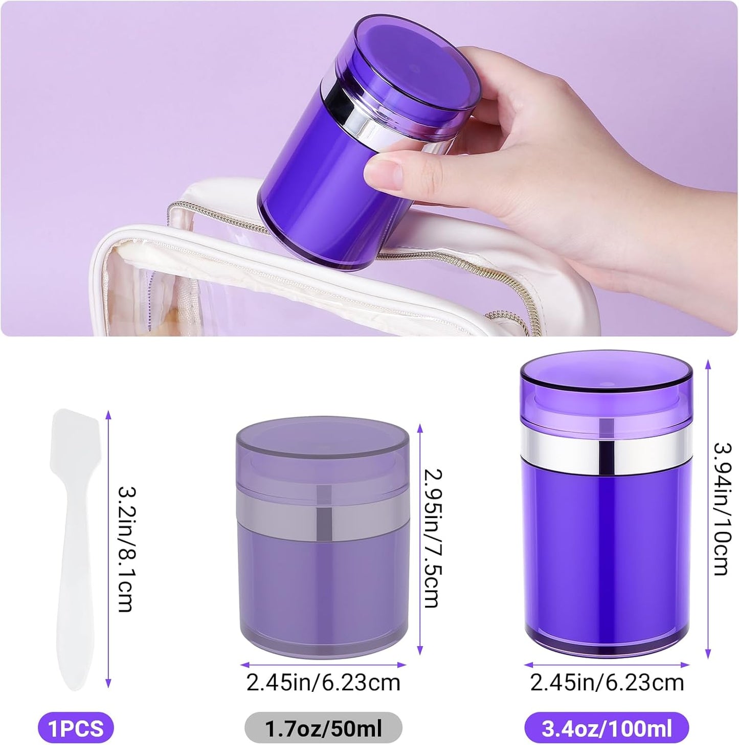 Segbeauty Airless Jar 3.4oz Travel Bottles for Toiletries, 3pcs Empty Travel Containers for Creams, 100ml Purple Refillable Lotion Jars Set, Plastic Vacuum Liquids Containers with Pump for Skincare