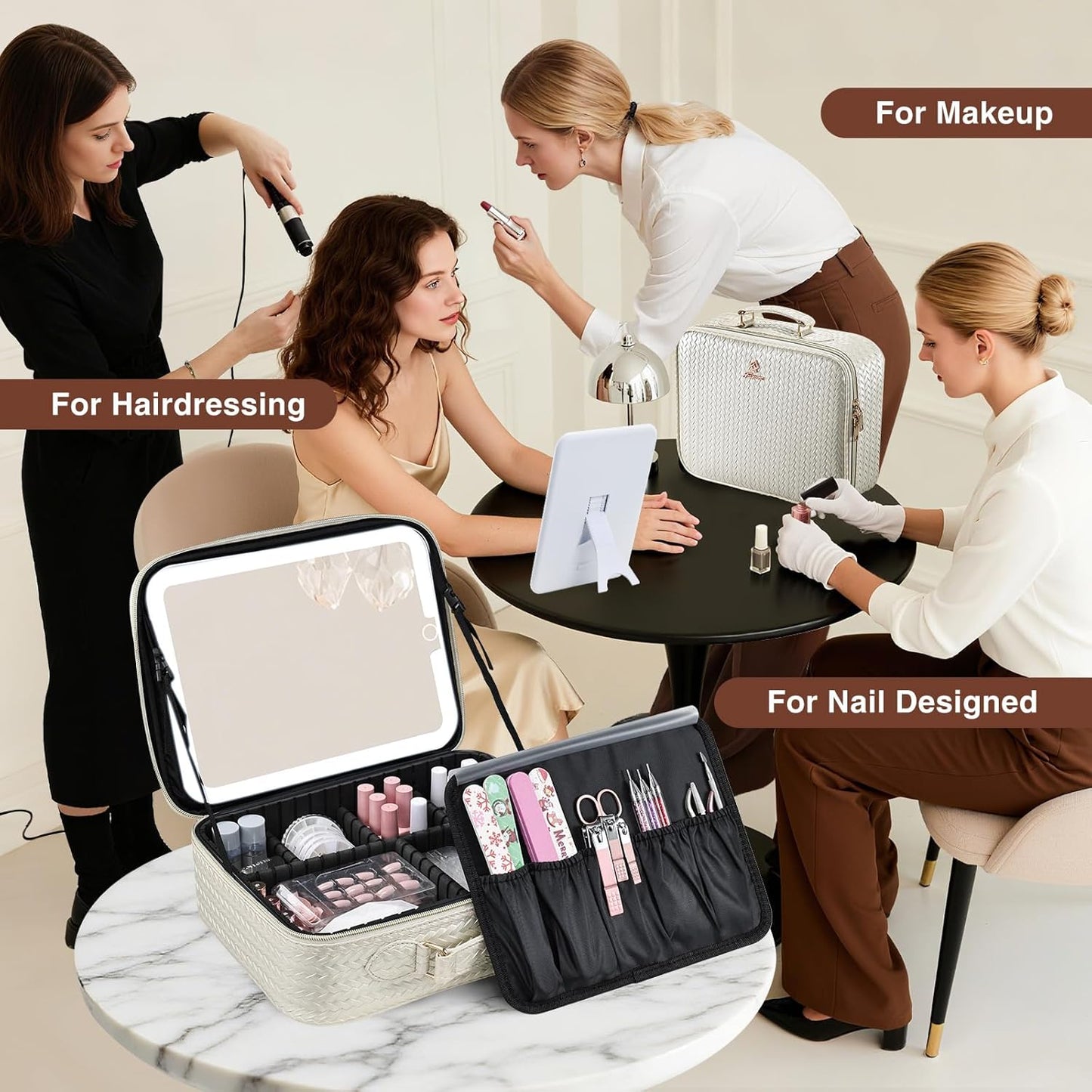 Makeup Bag with LED Lighted Mirror 12.2 IN Travel Makeup Bag Adjustable Brightness in 3 Colors Cosmetic Organizer Artist Storage Bag with Dividers Brush Holder Bag Vanity Beige