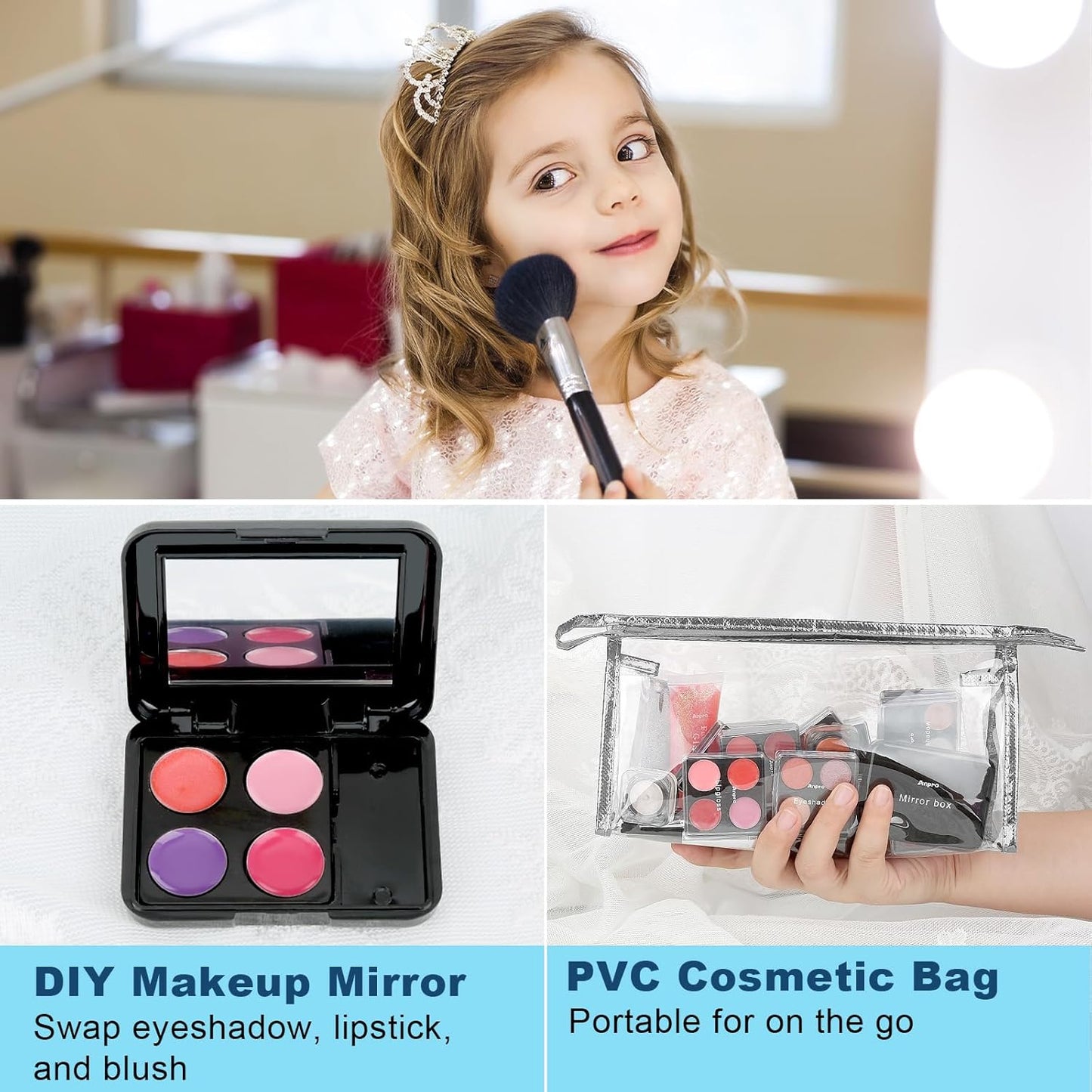 Anpro All-In-One Makeup Carry Case with Pro Teen Makeup Set, Full Starter Cosmetics Kit with Makeup Brushes, Lipsticks, Eye Shadows Palette, Blushes, Glitter Gel-Blue Leopard