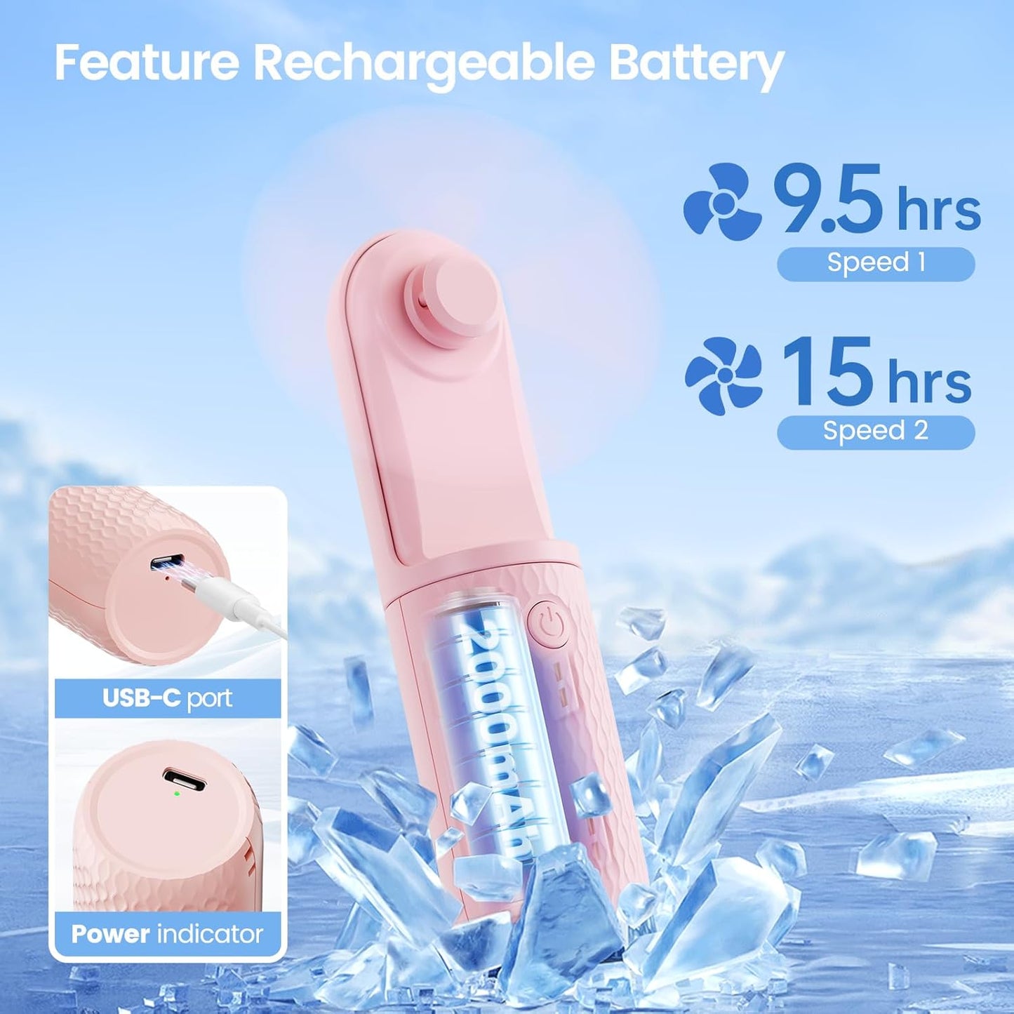 Handheld Mini Fan, Rechargeable Battery Operated small Portable Fan Up to 15 Working Hours, Powerful Safety Design Pocket Fans for Travel/Outdoor/Concert/Beach/Make-up, Gifts for Mom, Teens, Pink