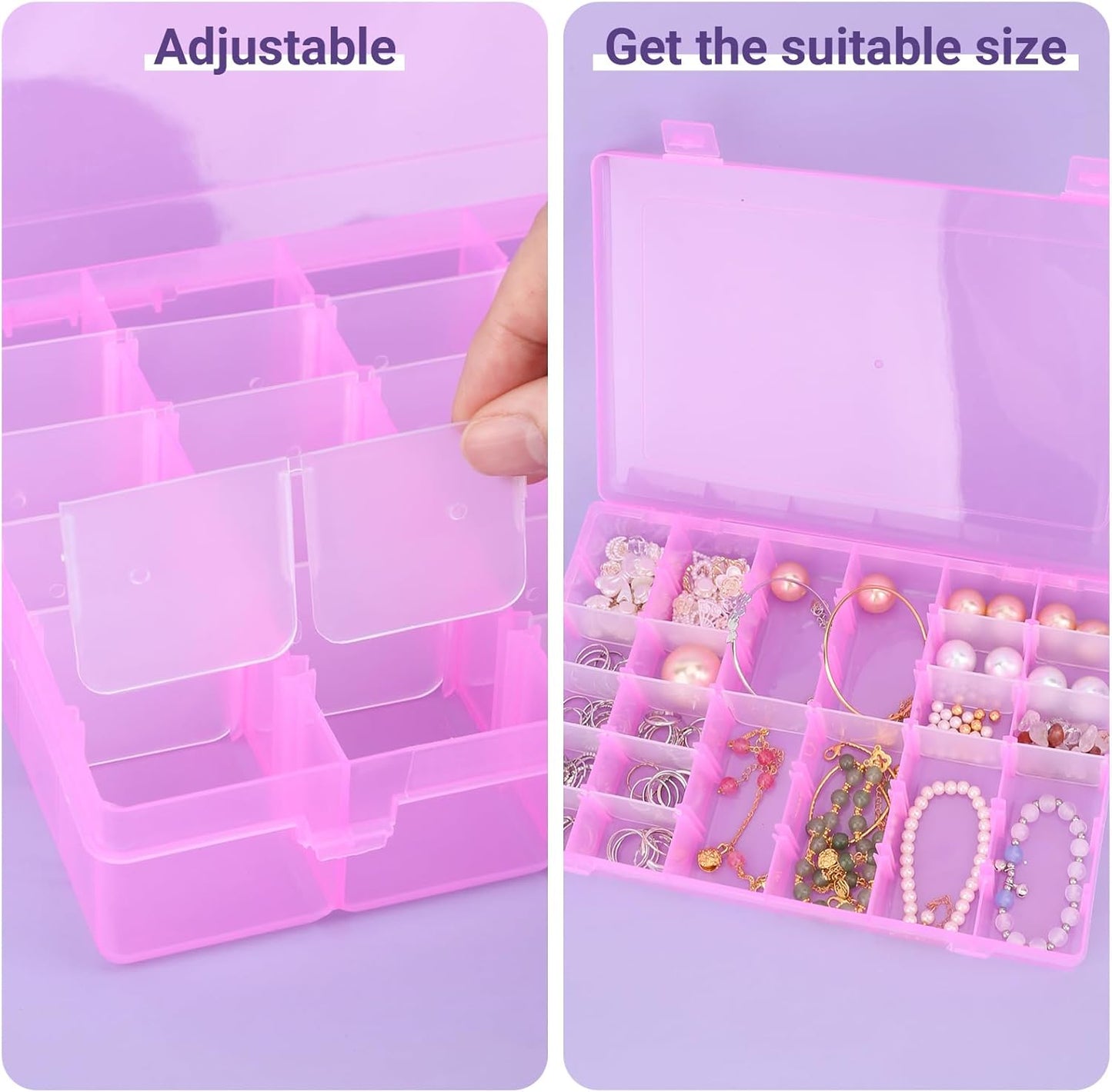 False Nail Container, Cosics Bright Pink 36-Gird Plastic Nail Art Organizers Storage Box with Adjustable Dividers, False Jewelry Diamonds Charms Nail 3D Decorations Manicure Accessory Holder Case