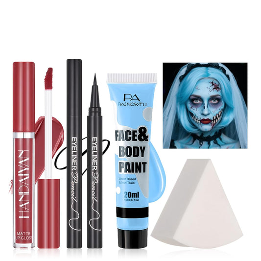 Halloween Makeup Kit for Sally and Corpse Bride Looks, Water-Based Non-Toxic Face Paint Set with Light Blue Face Paint, Red Lip Gloss, Black Eyeliner for Halloween Cosplay, Stage