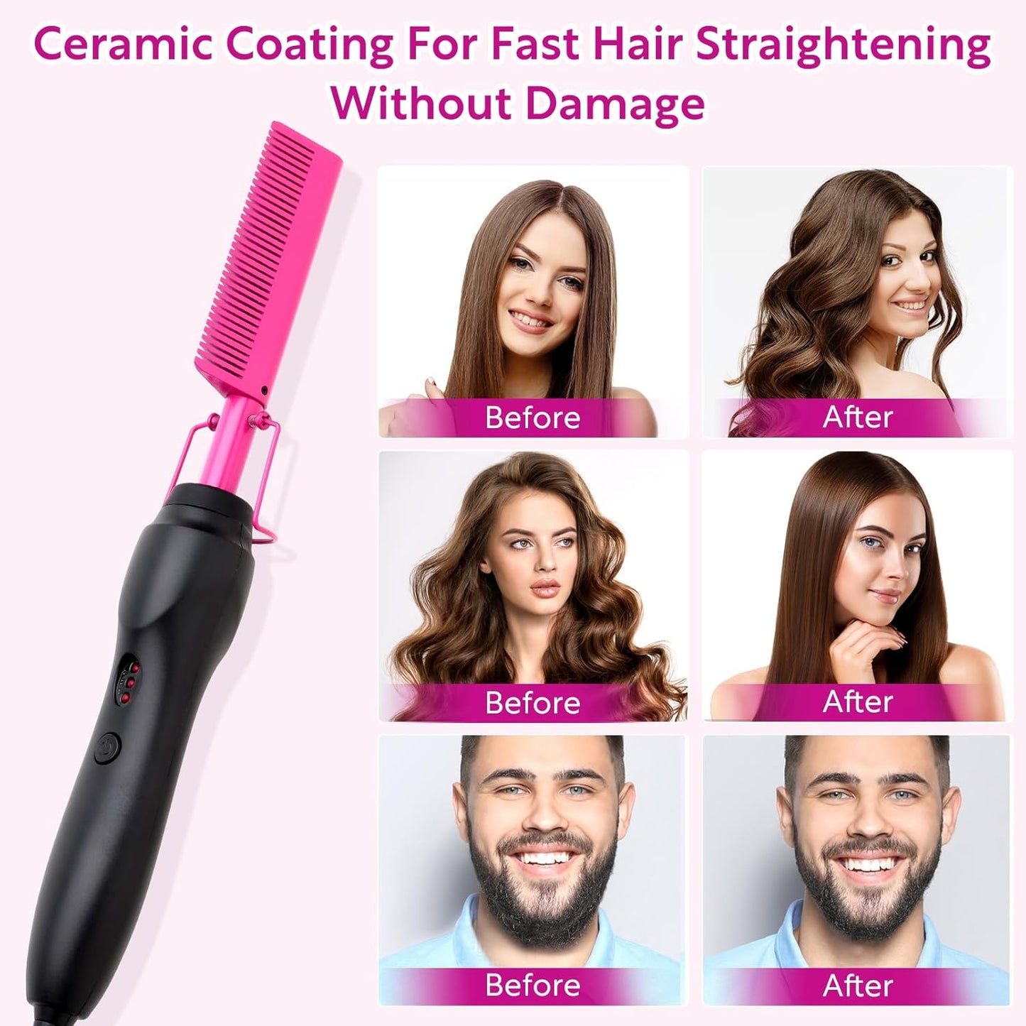 Hair Straightener, Electric Hot Comb Hair Straightener Brush with Ceramic Heater Surface, Fast Heating, Dual Voltage, Adjustable Temperature for Natural Black, Curly, Frizzy Hair & Beard