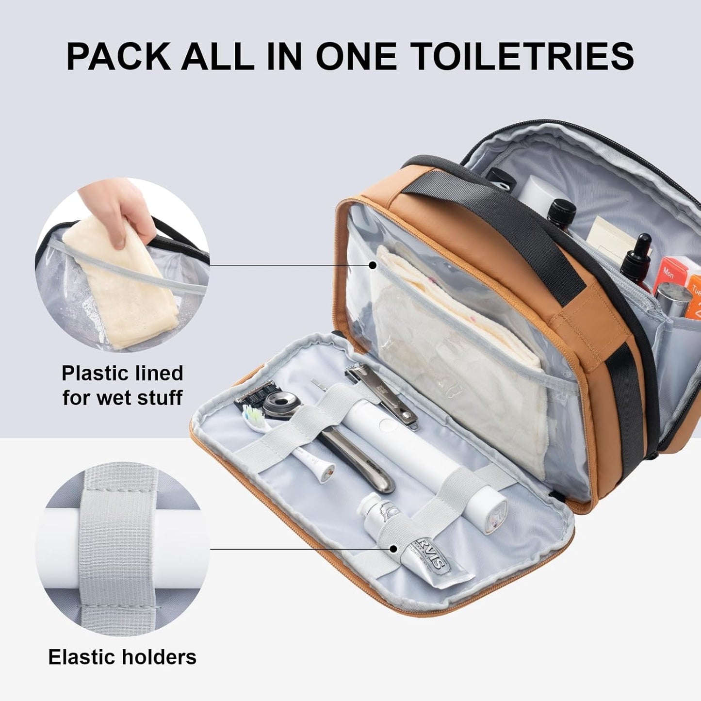 Everfun Compact Toiletry Bag for Men and Women Traveling, Wide Open Shaving Dopp Kit, Water Resistant Makeup Organizer Hygiene Bag with Wet Dry Compartment - Black, Medium