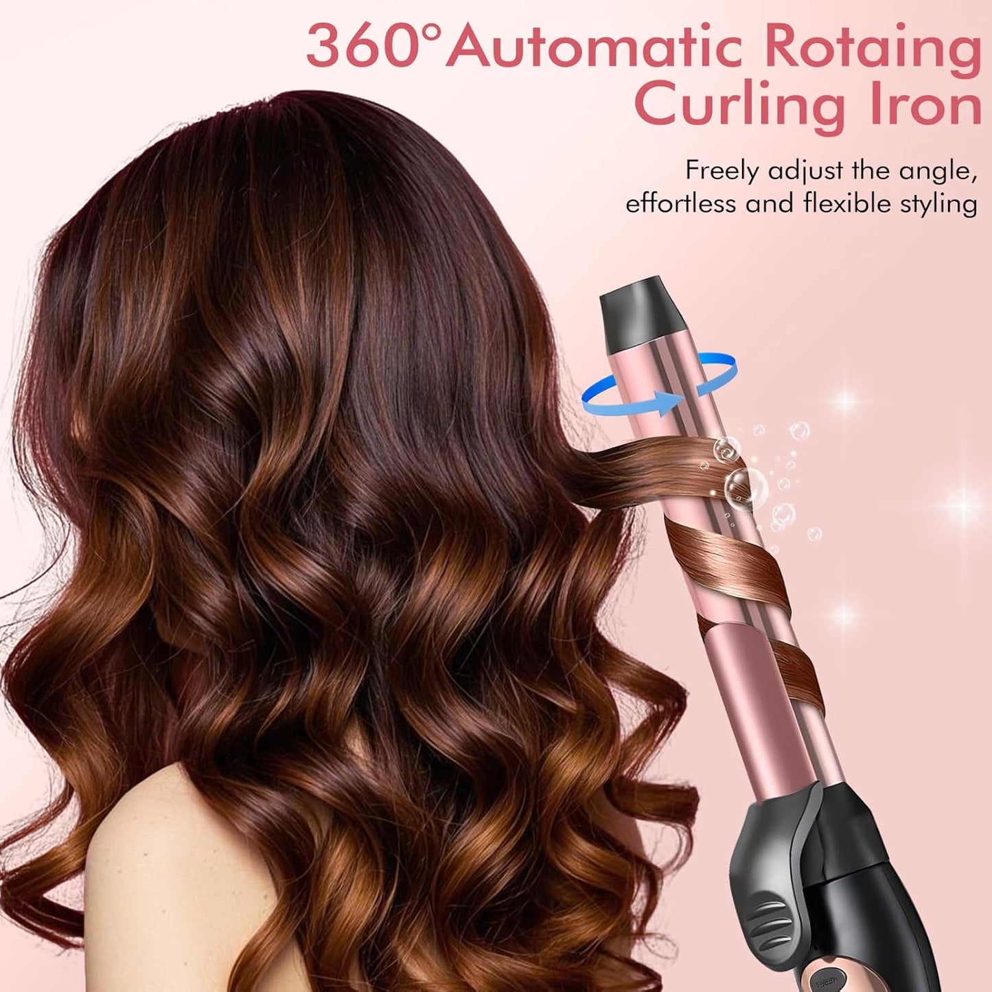 Automatic Rotating Curling Iron 1-Inch - Self-Curl for Beach Waves & Thick Hair, Adjustable Temp 250°F-430°F + Dual Voltage Travel Iron - Salon Results for Beginners (Rose Gold)