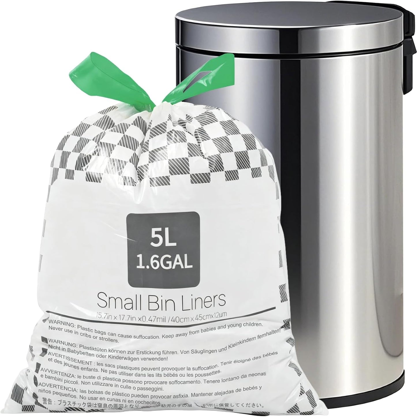 OKKEAI 1.5 Gallon Drawstring Garbage Bags – 55 Count Small Printed Trash Bags, Leak-Proof Mini Bin Liners with Safety Warning, Odor Block & Strong Seal for Home, Baby Room, Bathroom