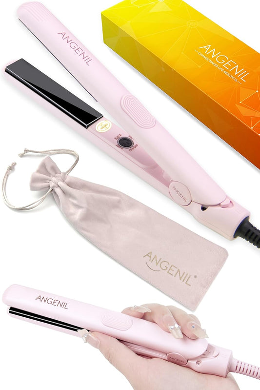 ANGENIL Pro Mini Flat Iron for Short Edges, Travel Hair Straightener and Curler 2 in 1, Small Dual Voltage Hair Straightening Ceramic Flat Iron 0.7-inch, Front Bangs, 3 Temp (280℉- 320℉ -380℉)