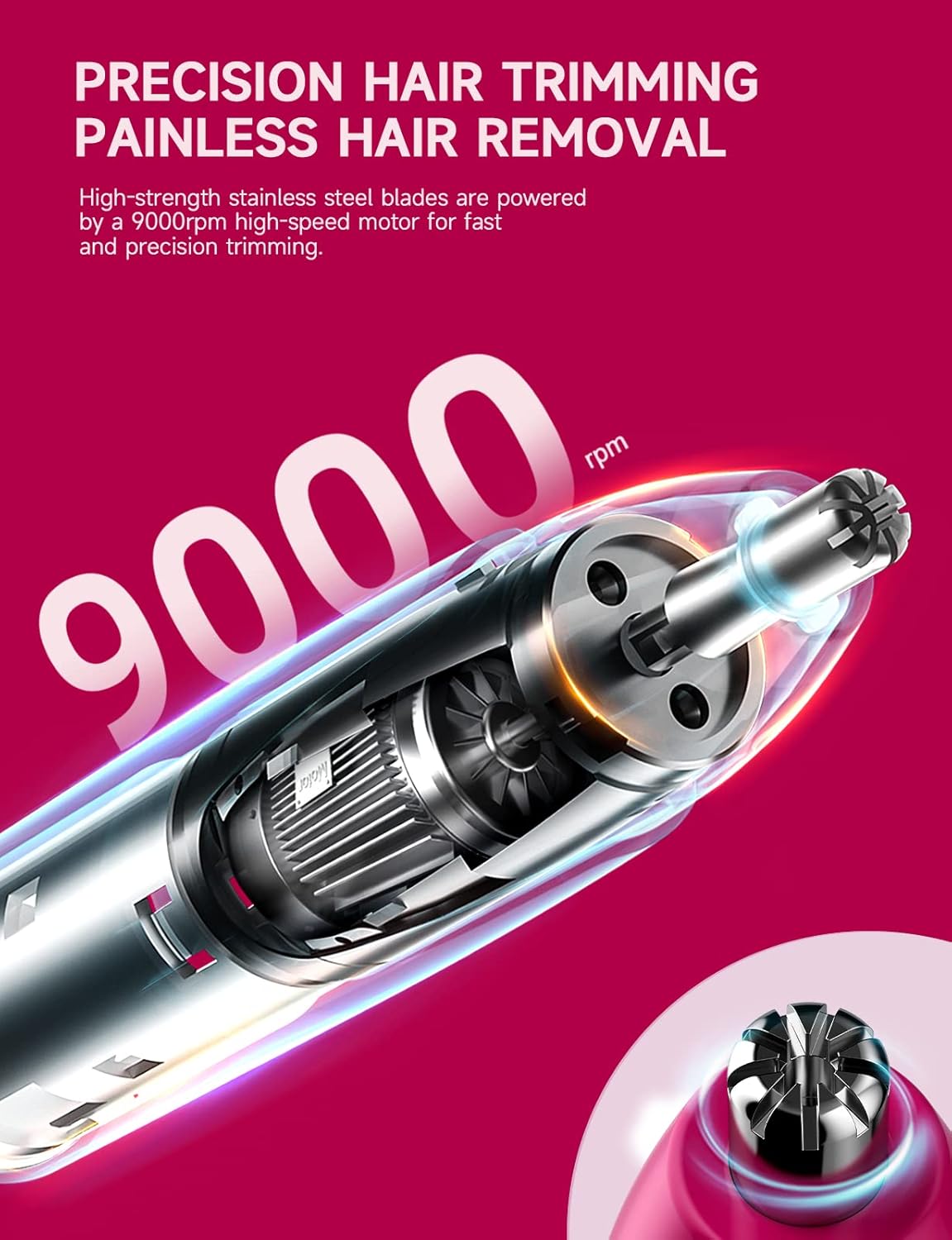 ZORAMI Rechargeable Ear and Nose Hair Trimmer - 2025 Professional Painless Eyebrow & Facial Hair Trimmer for Men Women, Powerful Motor and Dual-Edge Blades for Smoother Cutting Magenta