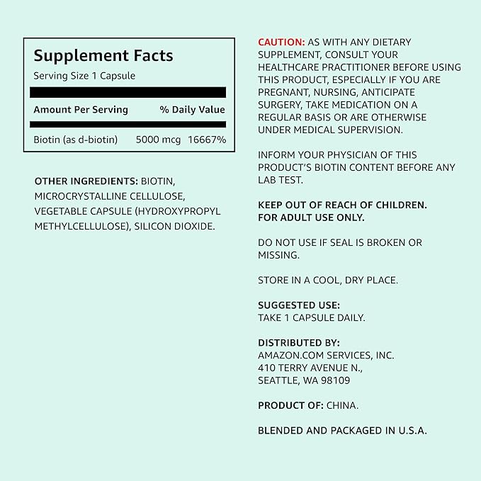 Amazon Elements - Biotin, 5000 mcg, Vegan, Helps maintain hair growth, healthy skin, and nails, 130 Capsules (4 month supply) (Packaging may vary)
