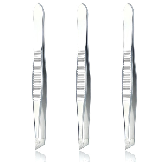 (3 Pack) Slant Tweezers - Precision Stainless Steel Slant Tip Tweezers Hair Plucker for Hair and Eyebrows Personal Care (Silver Tone)