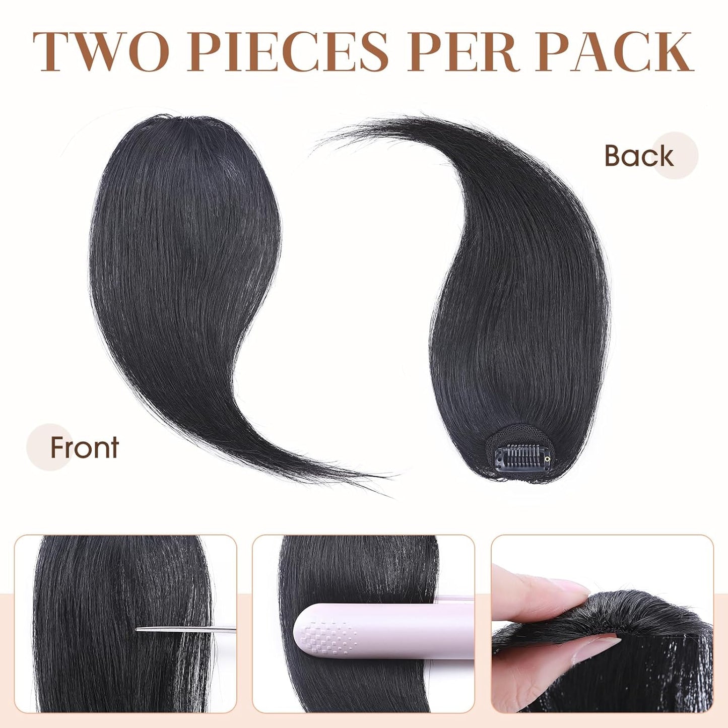Hairro Clip in Wave Side Bangs Extensions, 100% Human Hair 2 PCS Clip on Middle Part French Bangs Thin Sides Swept Fringe Hairpieces