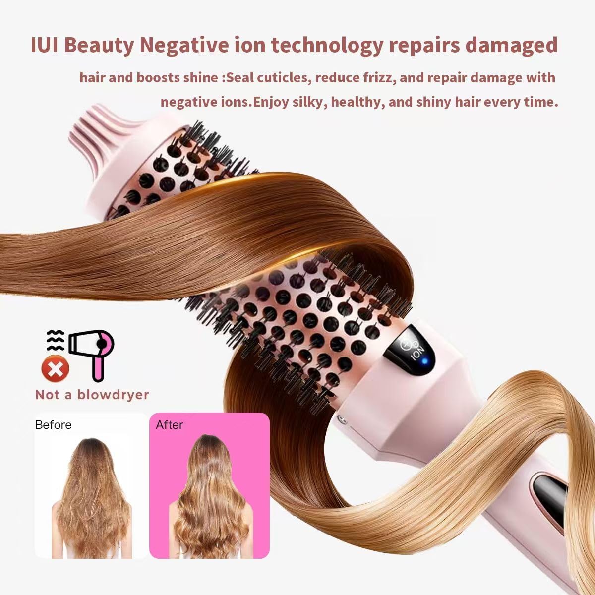 IUI Beauty Thermal Brush, 3-in-1 Pro Negative Ion Two PTC Heaters Thermal Brush with Styling Hair Clips Leafverve,Straightens, Volumizes & Curls with Negative Ion Technology, Digital Display (Black)