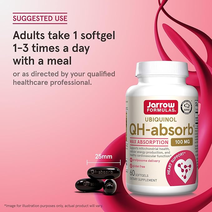 Jarrow Formulas QH-Absorb, 100 mg, Ubiquinol Dietary Supplement for Healthy Cardiovascular Function, 60 Softgels, 60 Day Supply