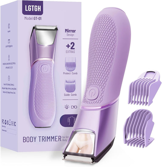 Bikini Trimmer for Women: Pubic Hair Razor with Mirror & LED Light, Electric Shaver with Ceramic Blades & Travel Lock - Body Groomer IPX7 Waterproof Use for Legs/Arm/Underarm - Purple