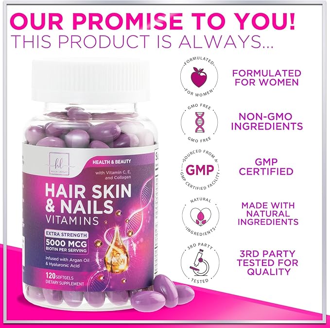 Hair, Skin & Nails Vitamins for Women - Biotin 5000mcg to Support Hair Growth with Argan Oil, Collagen & Hyaluronic Acid, Beautiful, Stronger Skin, Hair & Nails Vitamin Supplement - 120 Softgels
