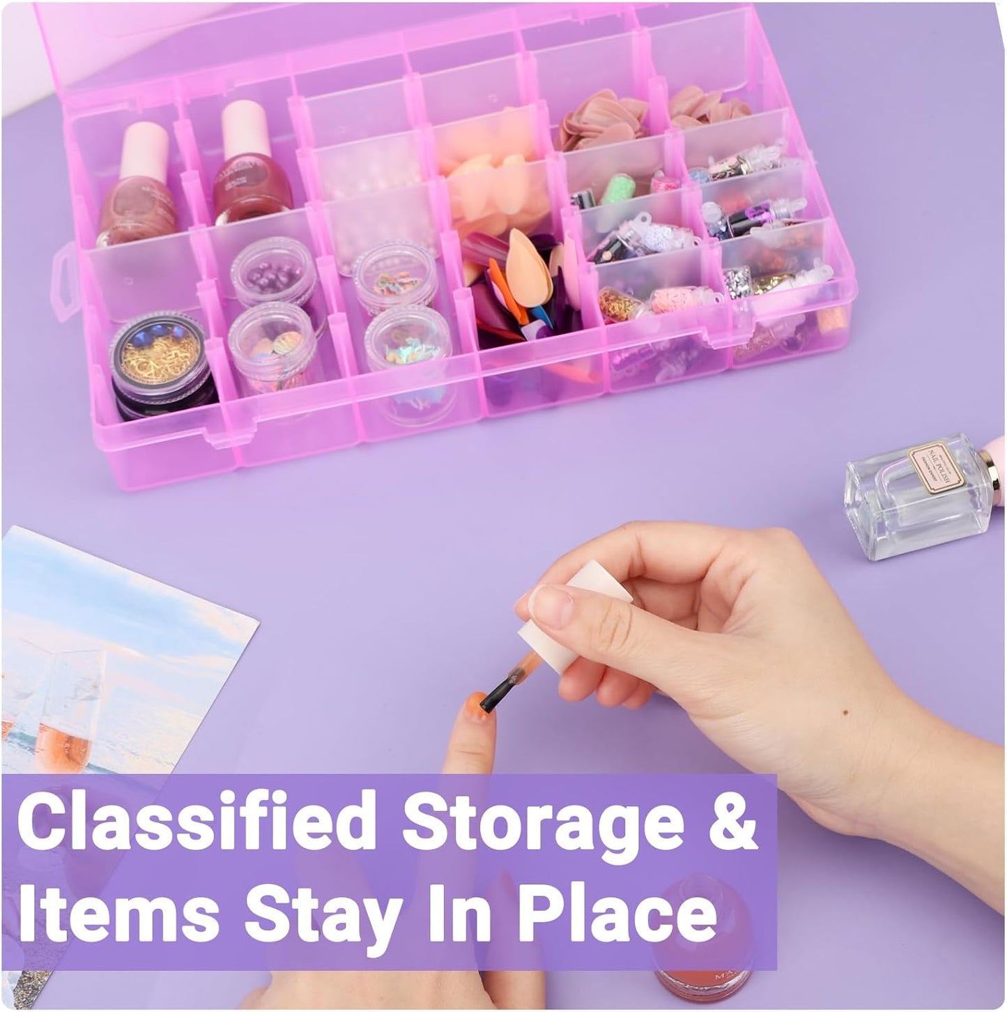 False Nail Container, Cosics Bright Pink 36-Gird Plastic Nail Art Organizers Storage Box with Adjustable Dividers, False Jewelry Diamonds Charms Nail 3D Decorations Manicure Accessory Holder Case