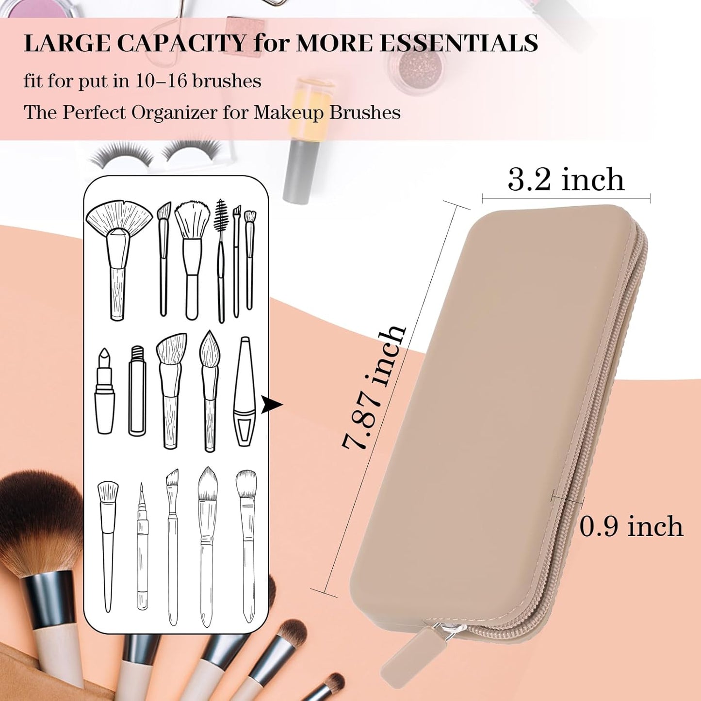 Sakolla Travel Makeup Brush Holder, Silicone Makeup Brush Bag with Zipper Closure, Makeup Brushes Organizer Case Washable Makeup Pouch Holder Case for Daily, Work, Essentials (Khaki)