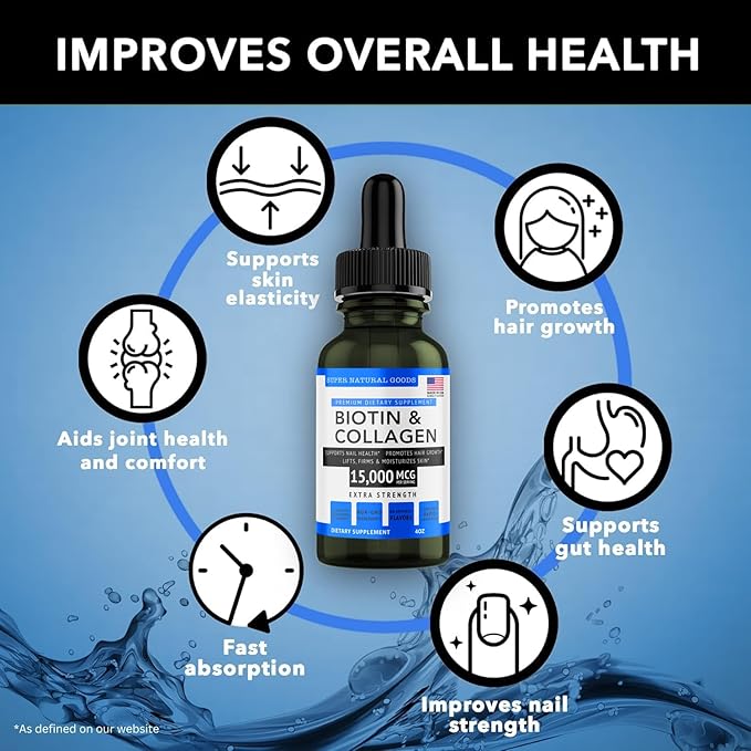 Super Natural Goods Biotin & Collagen Vitamins - Hair Loss, Gut Health, Anti-Aging, Skin Care & Nails - Made in USA, Non-GMO & Cruelty Free (4 Ounce- 15,000mcg)