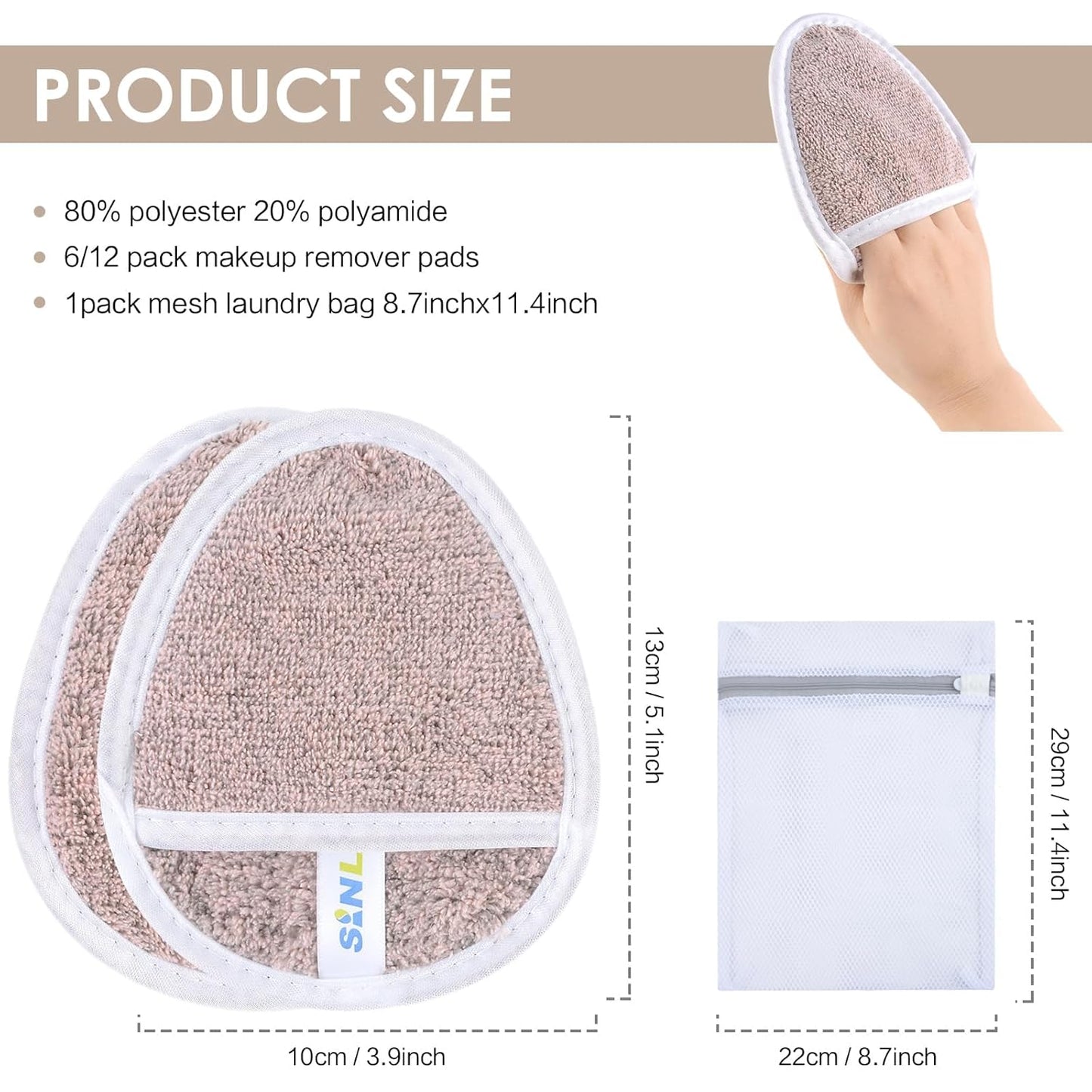 SINLAND Reusable Makeup Remover Pads For Face,Eye,Lips Microfiber Gentle Facial Cleansing Cloths for All Skin Types Friendly for Makeup Remover With Laundry Bag 5.1inchx3.93inch Pack of 6