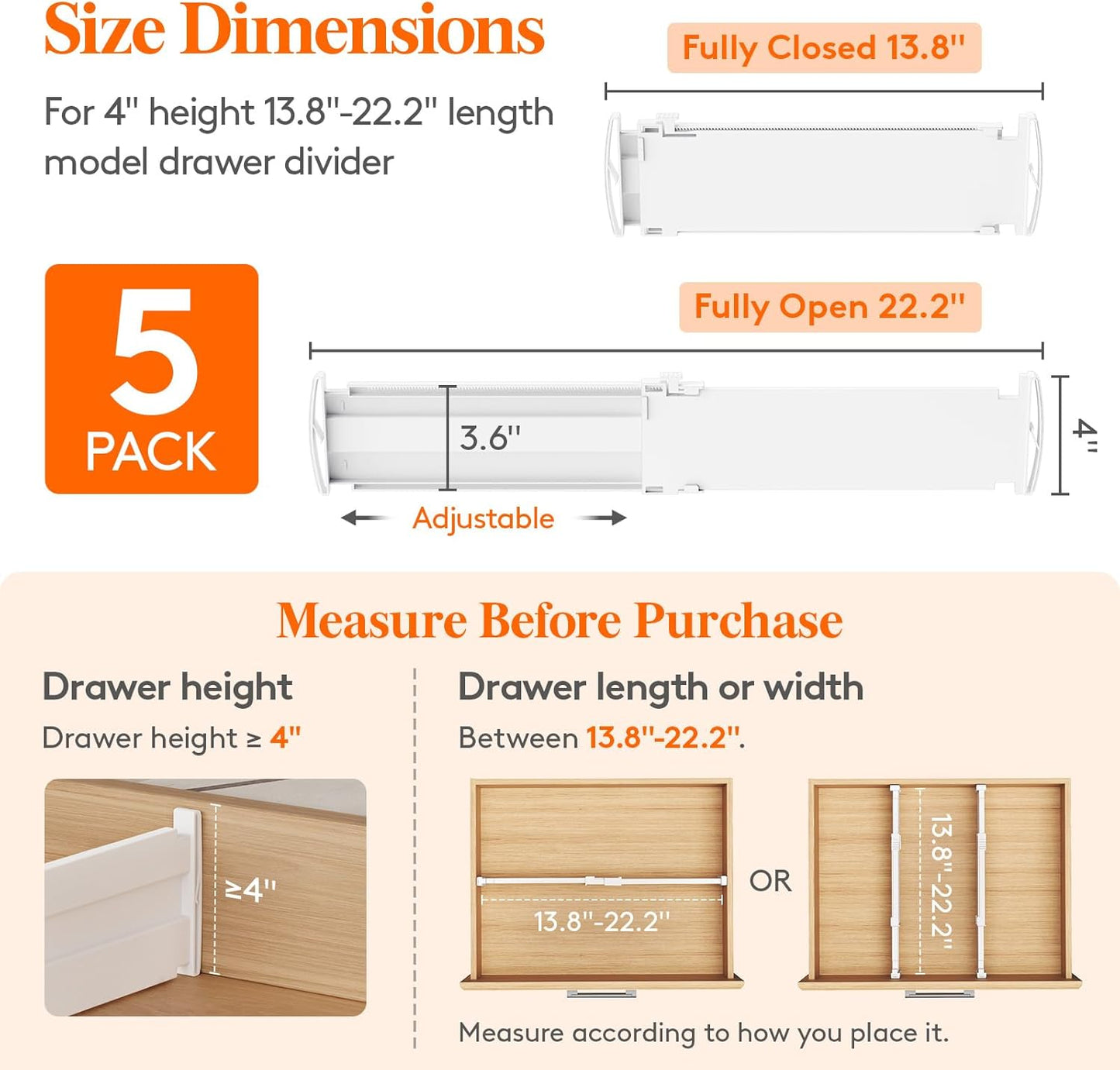 Lifewit 5 Pack Drawer Dividers 4" High, 13.8-22.5" Dresser Drawer Divider, Adjustable Drawer Organizers for Clothes, Plastic Drawers Separators for Dresser, Bedroom, Bathroom, Kitchen, Office