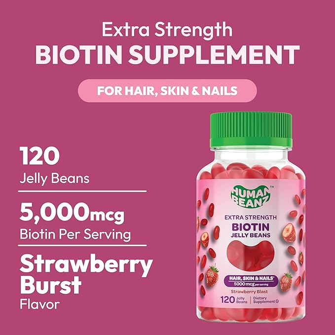 Biotin Jelly Bean Gummy Vitamins, Extra Strength Biotin for Hair, Skin and Nails, 5000mcg per Serving, Hair Growth Vitamins for Men and Women, 120 Strawberry Blast Jelly Beans, Kosher