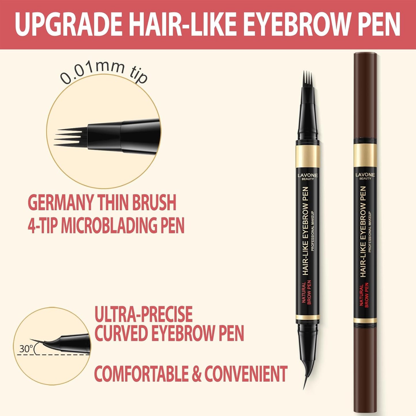 LAVONE Eyebrow Pen, 2-in-1 Eyebrow Pencils for Women with 4 Tip Microblading Eyebrow Pencil and Curved Precise Brow Pencil, Waterproof Eyebrow Pencil Create Full, Natural Hair-Like Brows, Taupe