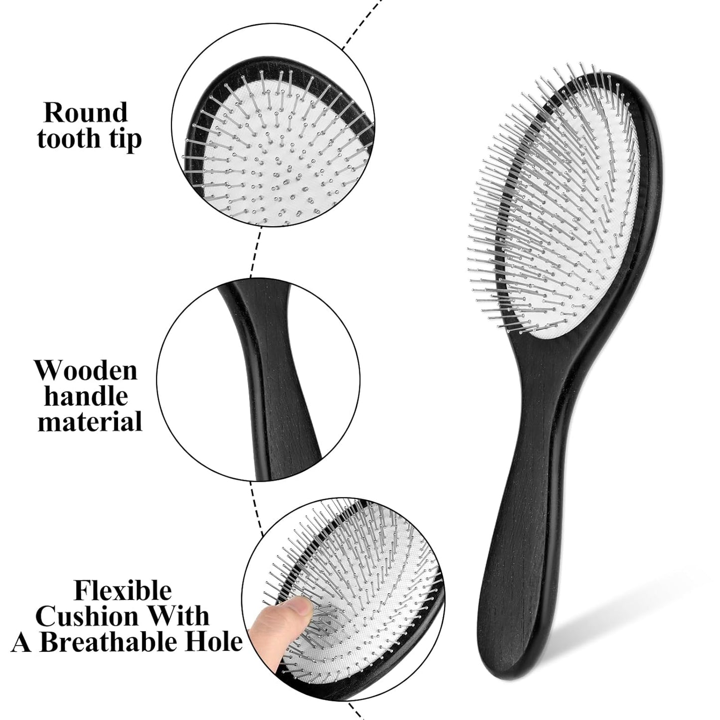Paddle Wig Brush, Portable Travel Hair Brush with Metal Bristle and Wood Handle, Anti-static Air Cushion Detangler Hairbrush for Women and Men Hair Growth and Scalp Massaging - Black