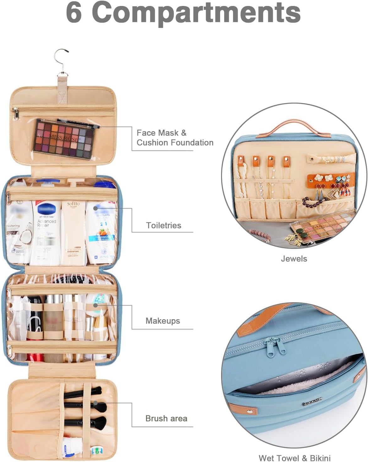 Women's Hanging Toiletry Bag, Waterproof Travel Cosmetic Organizer with Jewelry Storage, Large Capacity Makeup Case for Full-Size Skincare & Bathroom Essentials, Portable Cosmetic kit, Blue
