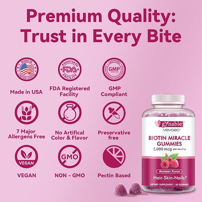 Gynable Biotin Gummies Vitamin B7, 5000 mcg, Hair Skin and Nails Supplement, 60 Count, 2 Month Supply