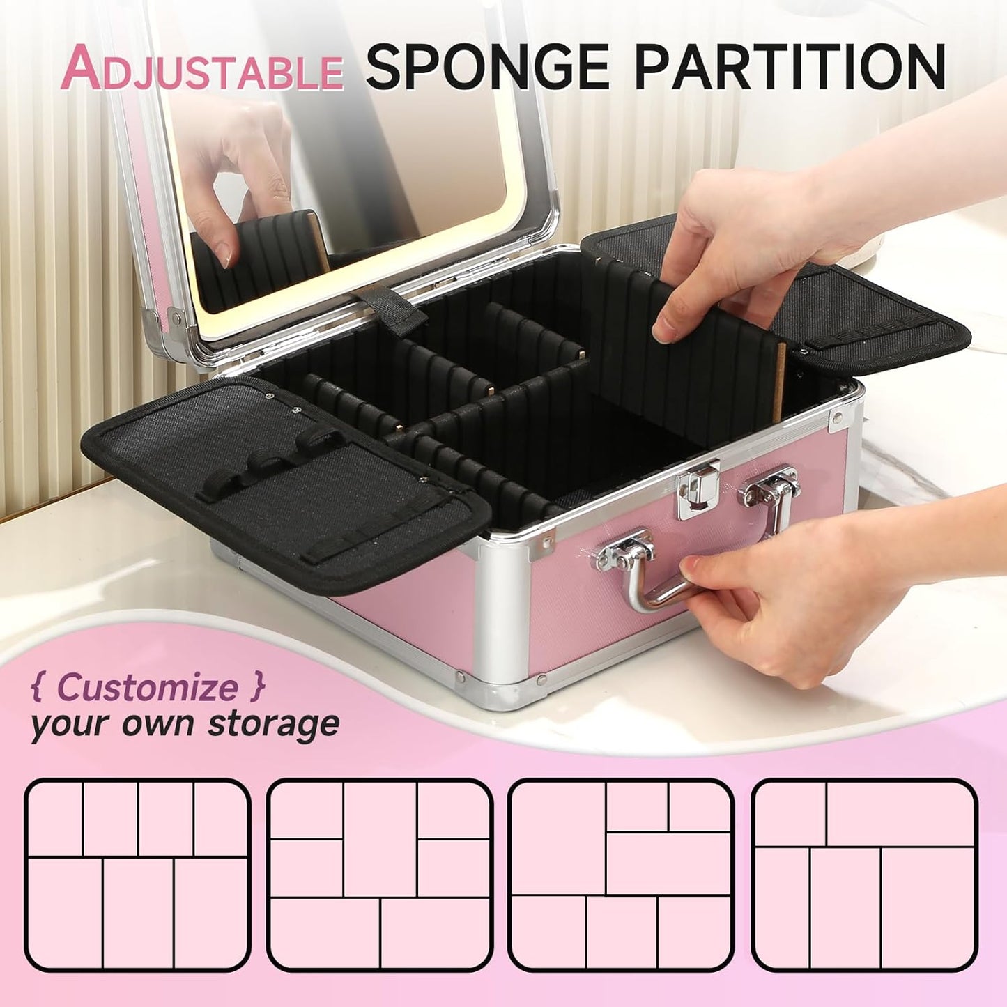 Leeora&Leekoo Makeup Box with Lighted Mirror,Portable Makeup Train Case Organizer (Pink1)