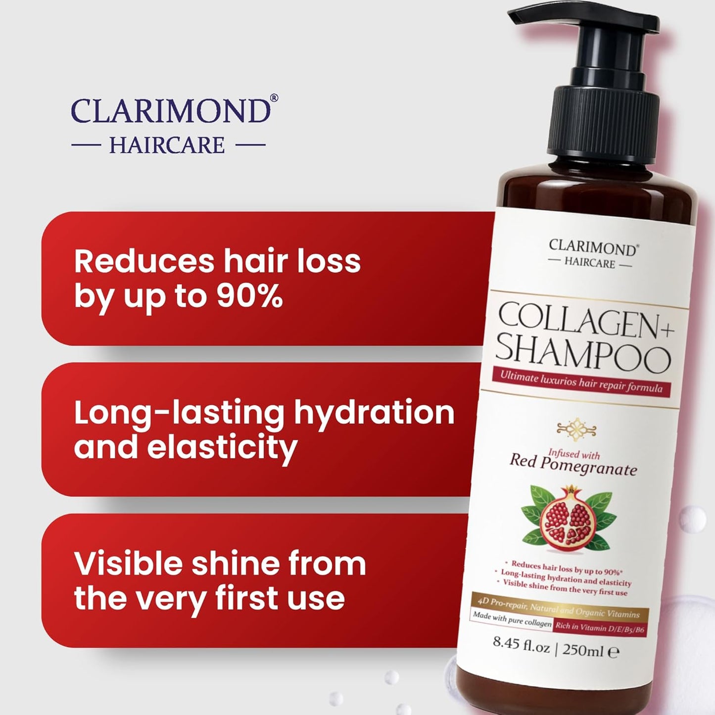 CLARIMOND Collagen Booster Hair Loss Treatment | Vitamin E Growth Shampoo | Hair Growth Vitamins for Curly, Thick, or Fine Hair | UV Protection | Hydrating & Strengthening | Paraben & Sulfate Free