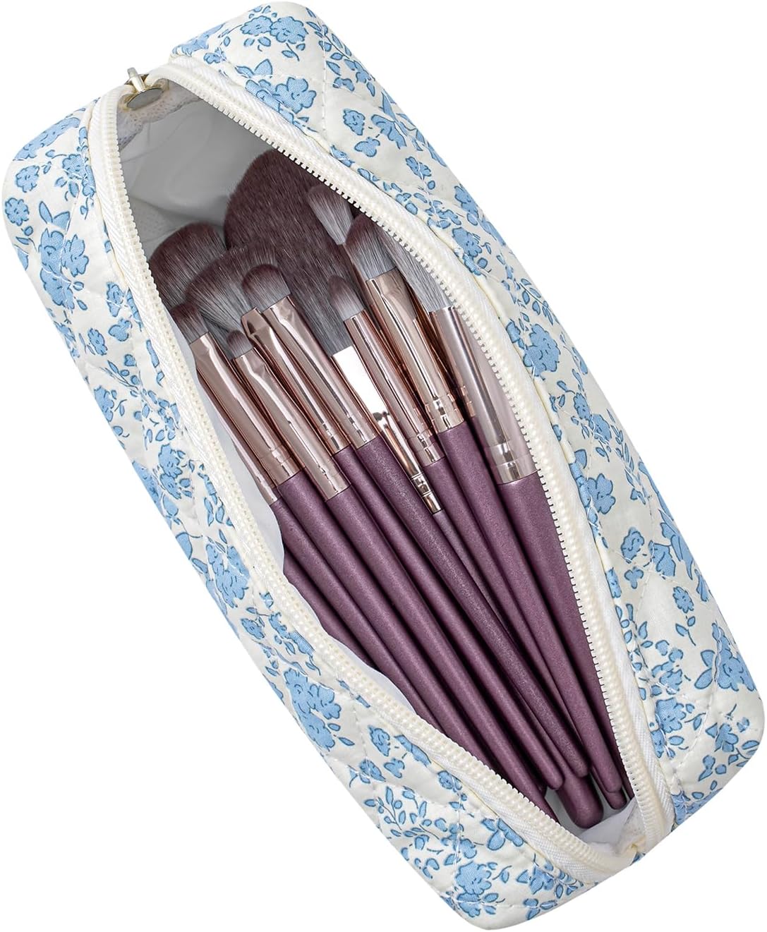Cute Floral Cotton Makeup Brush Cosmetic Bag for Women, Travel Quilted Zipper Make Up Bag, Flowers Toiletry Organizer Case Kawaii Makeup Cosmetic Travel Cloth Pouch (Blue+Red Floral)