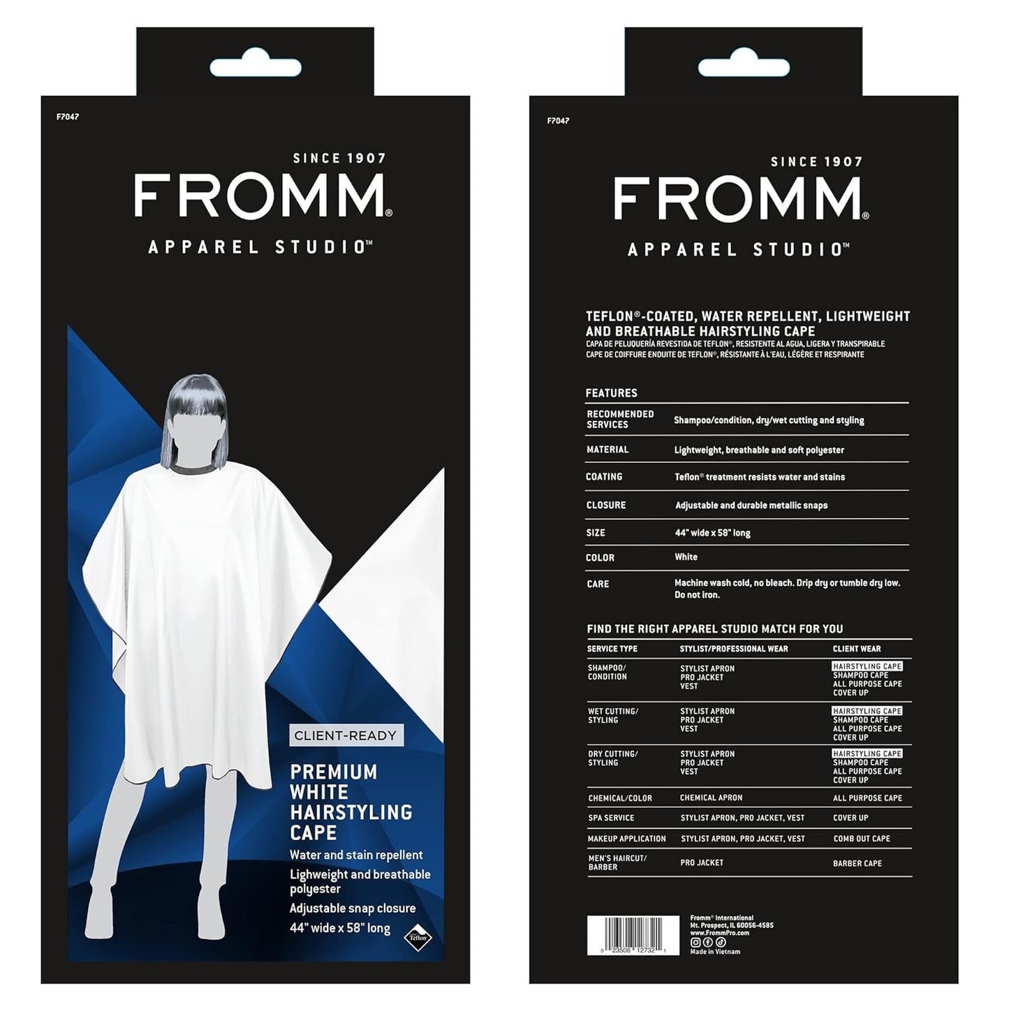 Fromm Professional Client Hair Styling and Hair Cutting Cape, Water and Stain Repellent Teflon Coating for Shampoo Bowl and Wet/Dry Cutting, 44" x 58", White with Black Trim