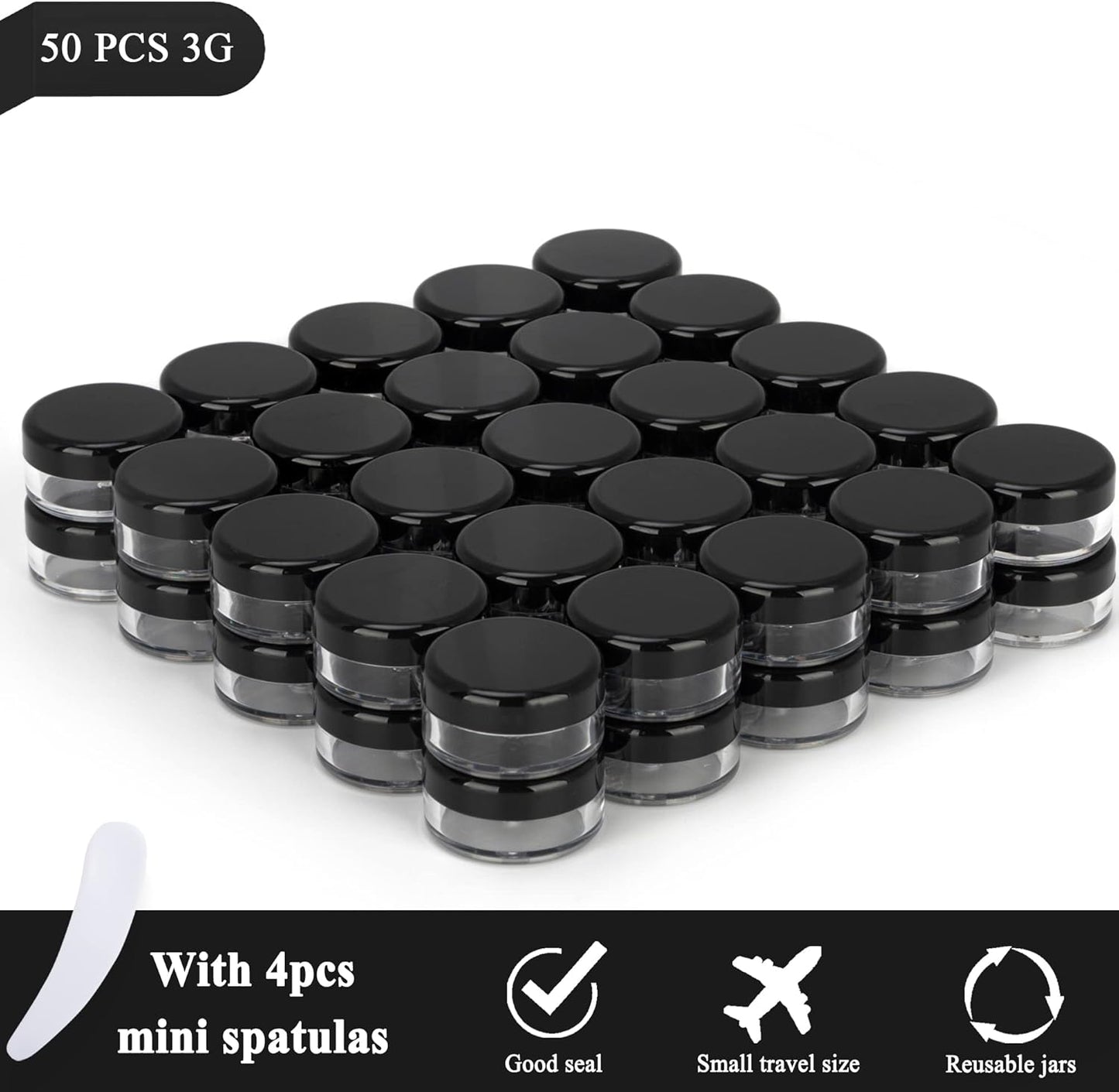 50PCS 3 Gram Sample Containers, 3ml Empty Jars with Lids, Small Cosmetic Containers, Mini Sample Jars with 4PCS Mini Spatulas for Make Up, Oils, Lotion, Powder, Paint, Jewelry, Lip Balms(Black Lid)