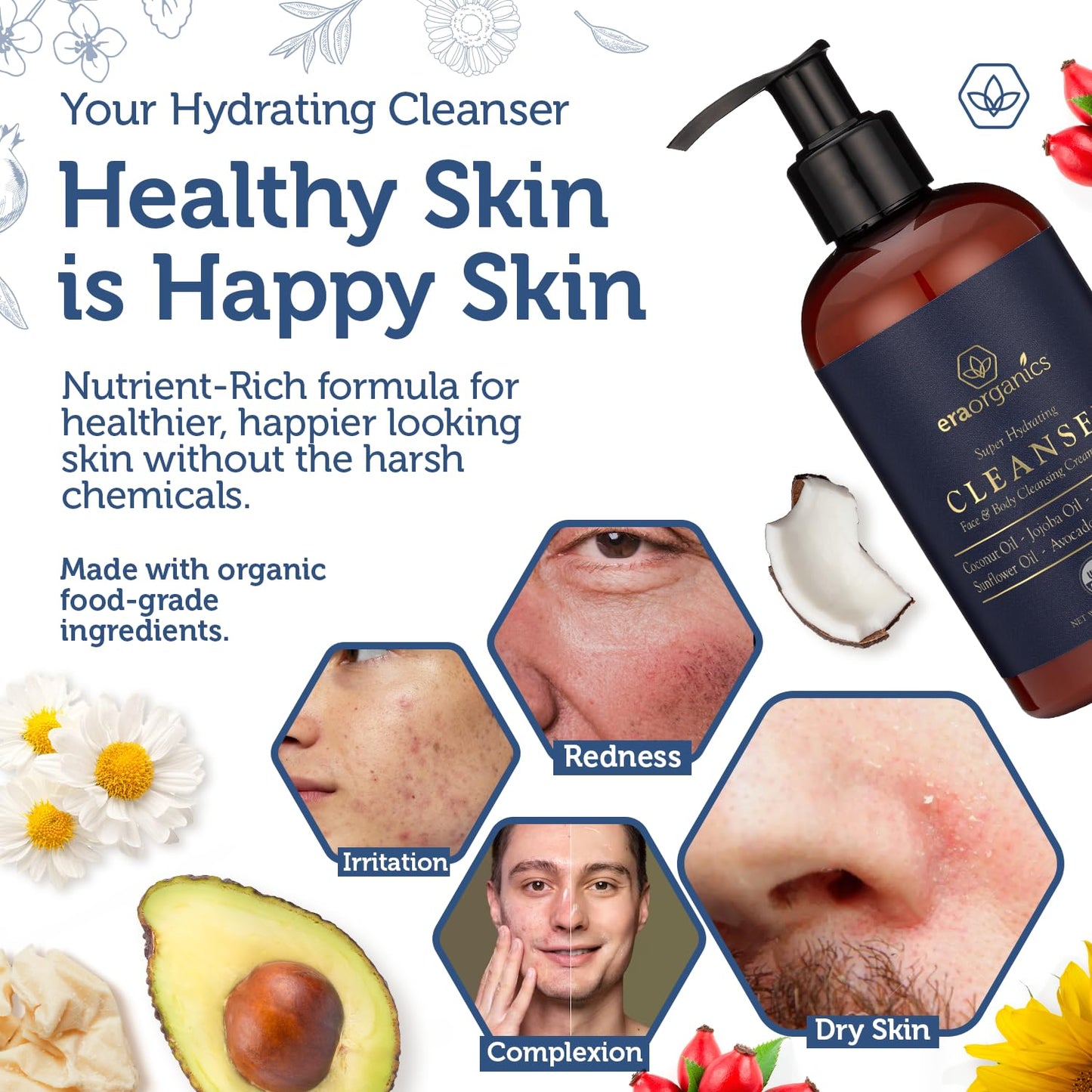 Era Organics USDA Organic Men's Face Wash - Nourishing, Hydrating Facial, Body Cleanser for Smoother Skin