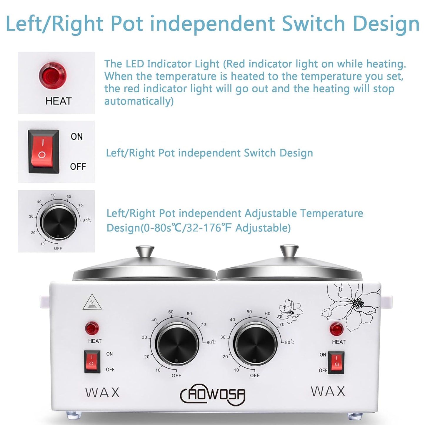 Professional Waxing Kit Wax Warmer Double Pot Wax Heater Machine for Hair Removal, Large Waxing Pot for Spa Salon Beauty Esthetician Home, with Adjustable Temperature Set, 50 Stick & 20 Collar(White)