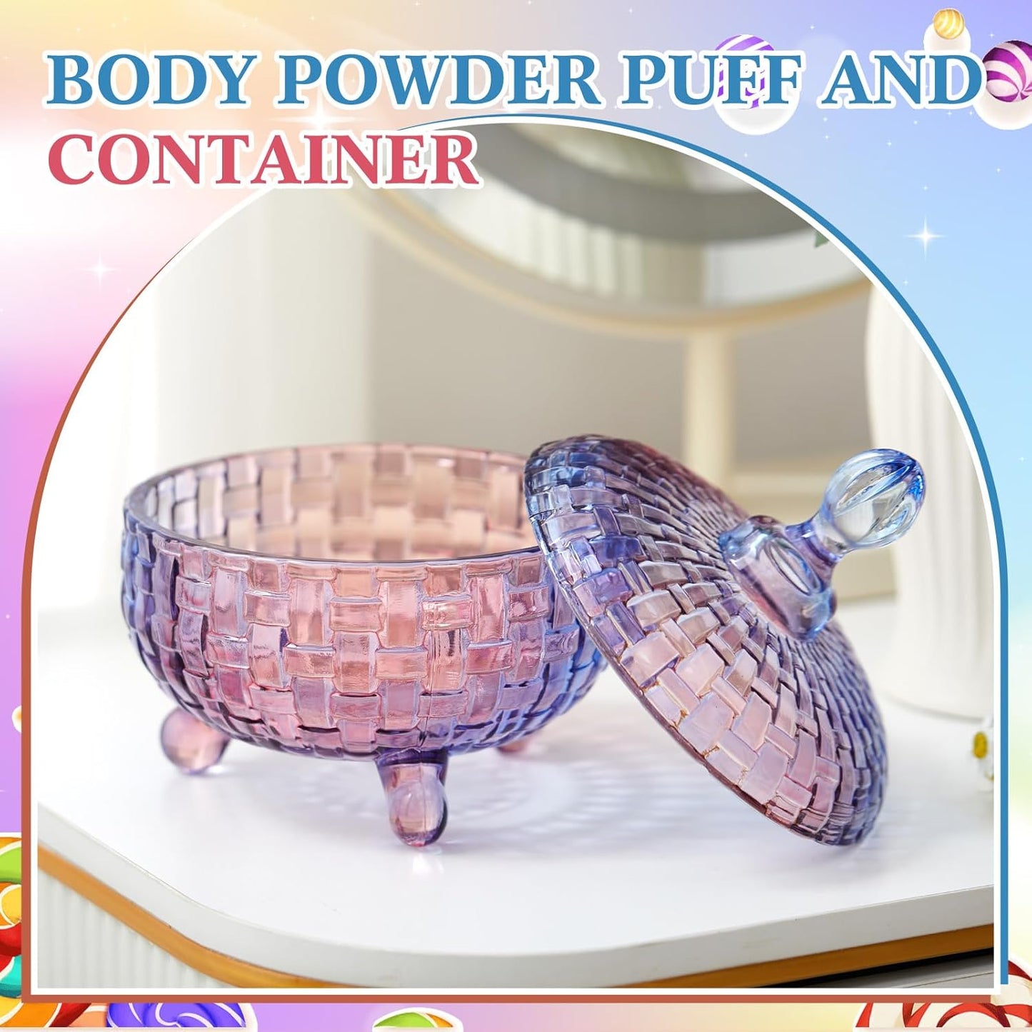 Tioncy 2 Pcs Extra Large Dusting Powder Puff and Container 6'' Body Powder Puff and Crystal Container for Women Soft Washable Reusable Velour Face (Gradient)