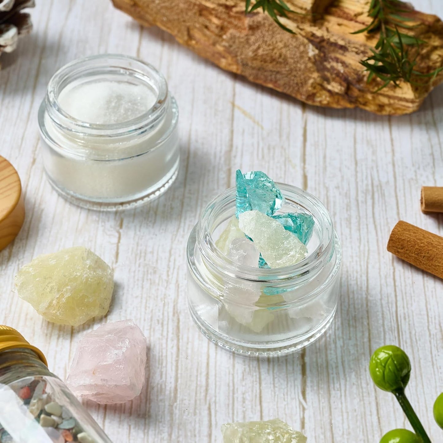 1oz Glass Jar with Lid, Hoa Kinh 25Pack Clear Round Containers Cosmetic with Inner Liners and Woodgrain Lids Travel Jars for Storing Lip and Body Scrub, Lotion, Body Butter, Bath Salts, Liquid