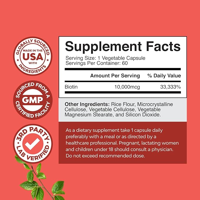 Natures Craft 10000 mcg Pure Biotin Pills for Women Men - Promotes Thicker and Fuller Hair. Natural Supplement for Shiny Thick Hair Growth - Vegetarian Vitamin Capsules - Get Clear Skin Strong Nails