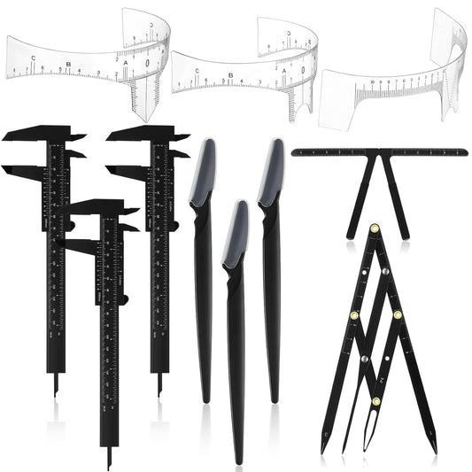 Konohan 11 Pcs Eyebrow Mapping Kit Eyebrow Shaping Tools Eye Brow Measuring Ruler Double Scale Vernier Caliper 3 Point Positioning Ruler Golden Ratio Caliper Brow Trimming Knives(Black)