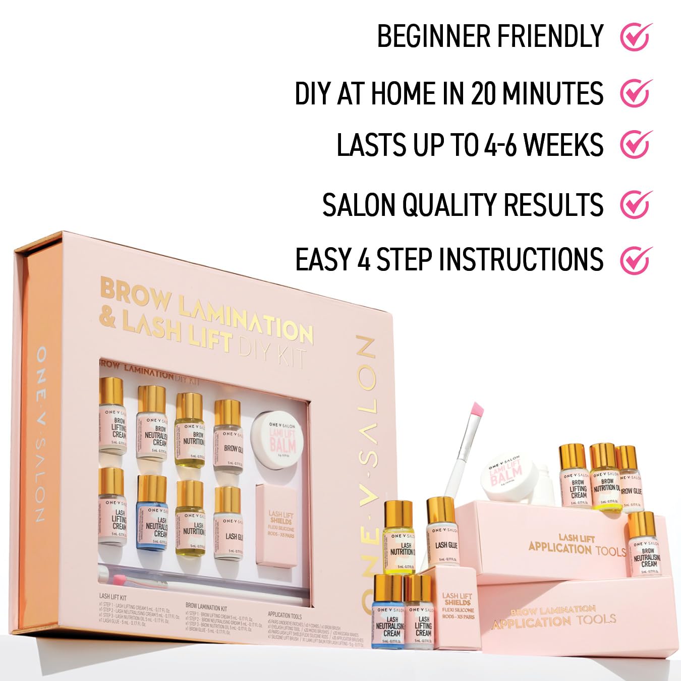 One V Salon Brow Lamination & Lash Lift Kit – 2-in-1 Eyebrow Lamination & Eyelash Lift Set | At-Home DIY Kit for Fuller Brows & Curly Lashes | up to 20 applications with All Tools Included