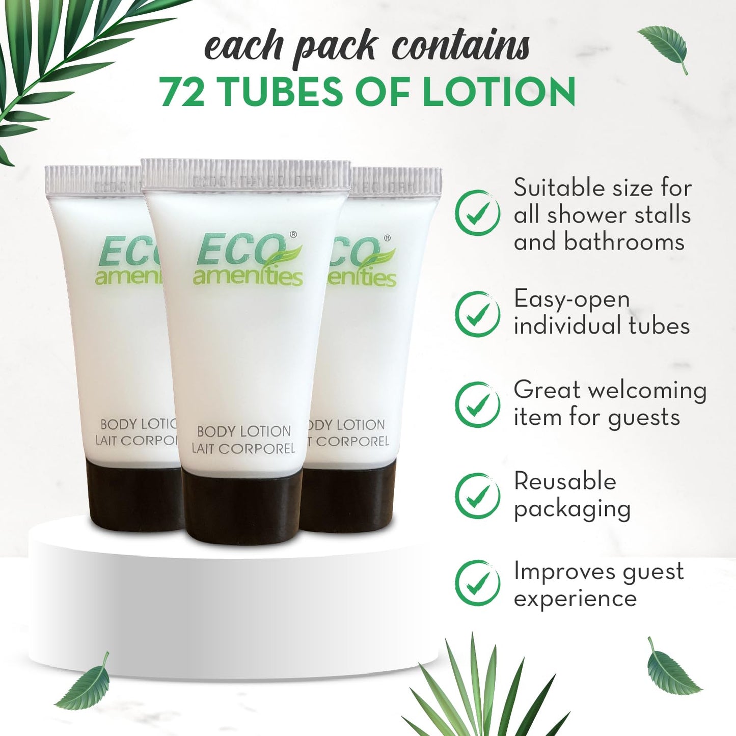 ECO amenities Mini Lotion Bulk - 72 Count 0.75 fl oz (22 ml) Tubes - Travel Size Toiletries & Body Lotion Tubes - Green Tea Scent for Hotel Amenity Kit & Spas